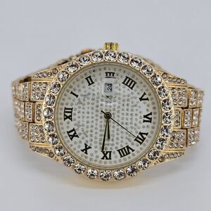 Unisex Watch‎ 42MM Crystal Bling Gold Case Gold Band Date 7.5" Wrist New Battery